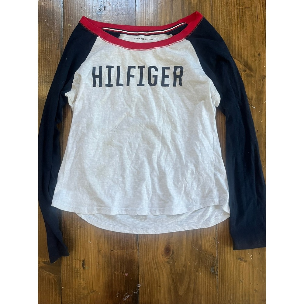 Tommy Hilfiger Womens Raglan Long Sleeve T-Shirt White Navy Blue‎ Red Size S